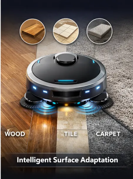 Energy-efficient cleaning robot adapting to different floor surfaces