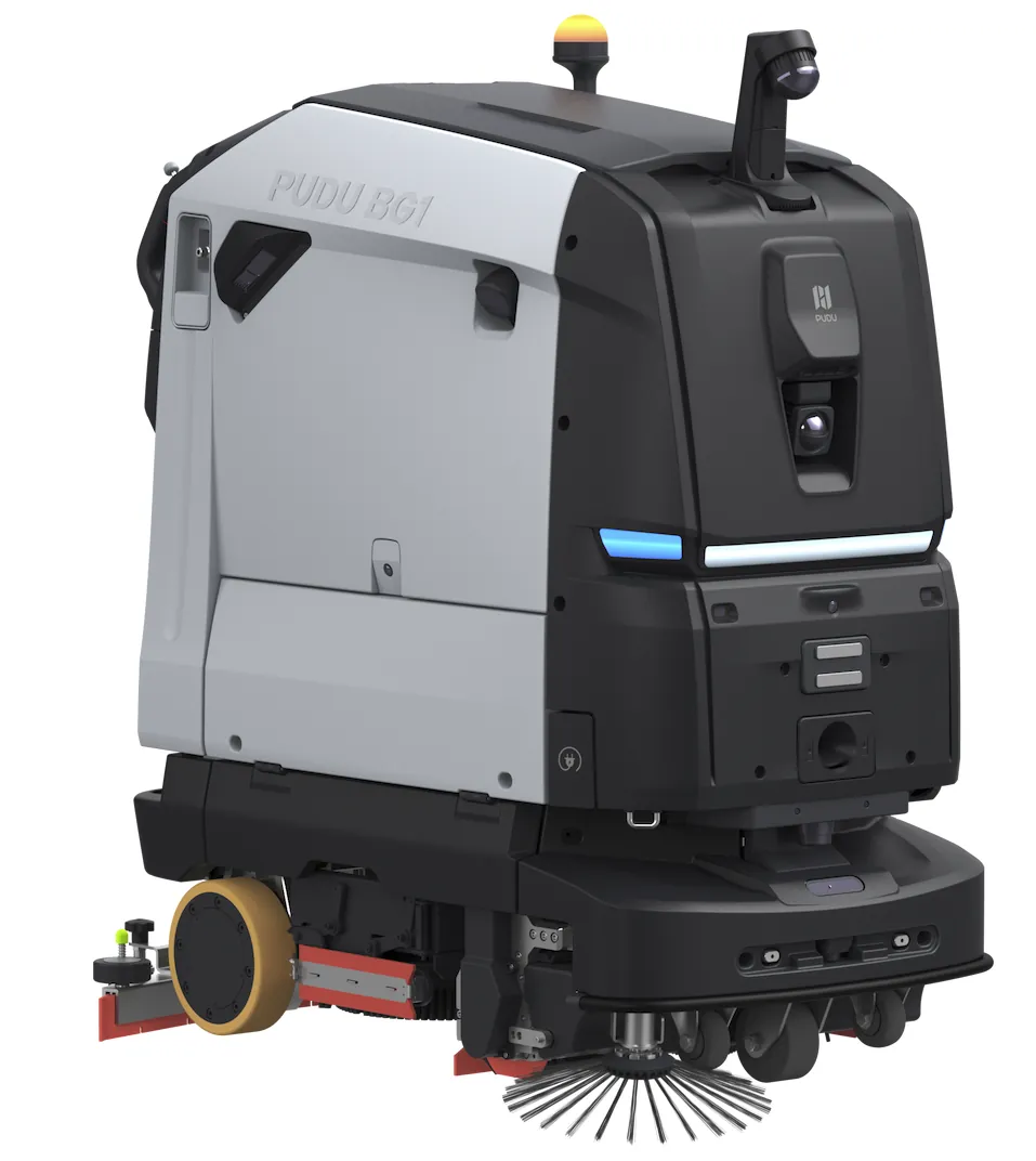Industrial cleaning robot with serviceable panels and brushes